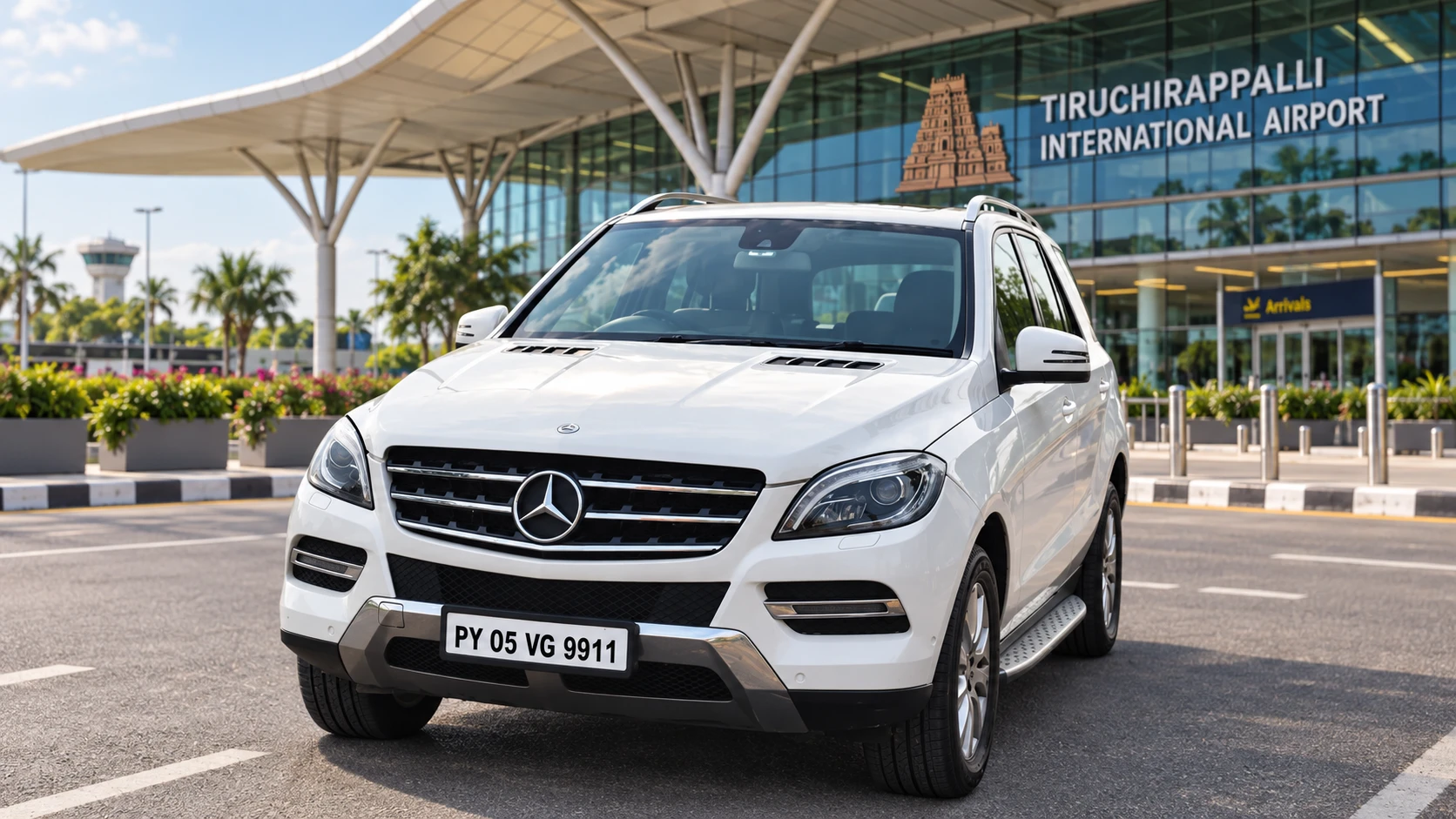 Our white Mercedes-Benz in an enhanced airport setting