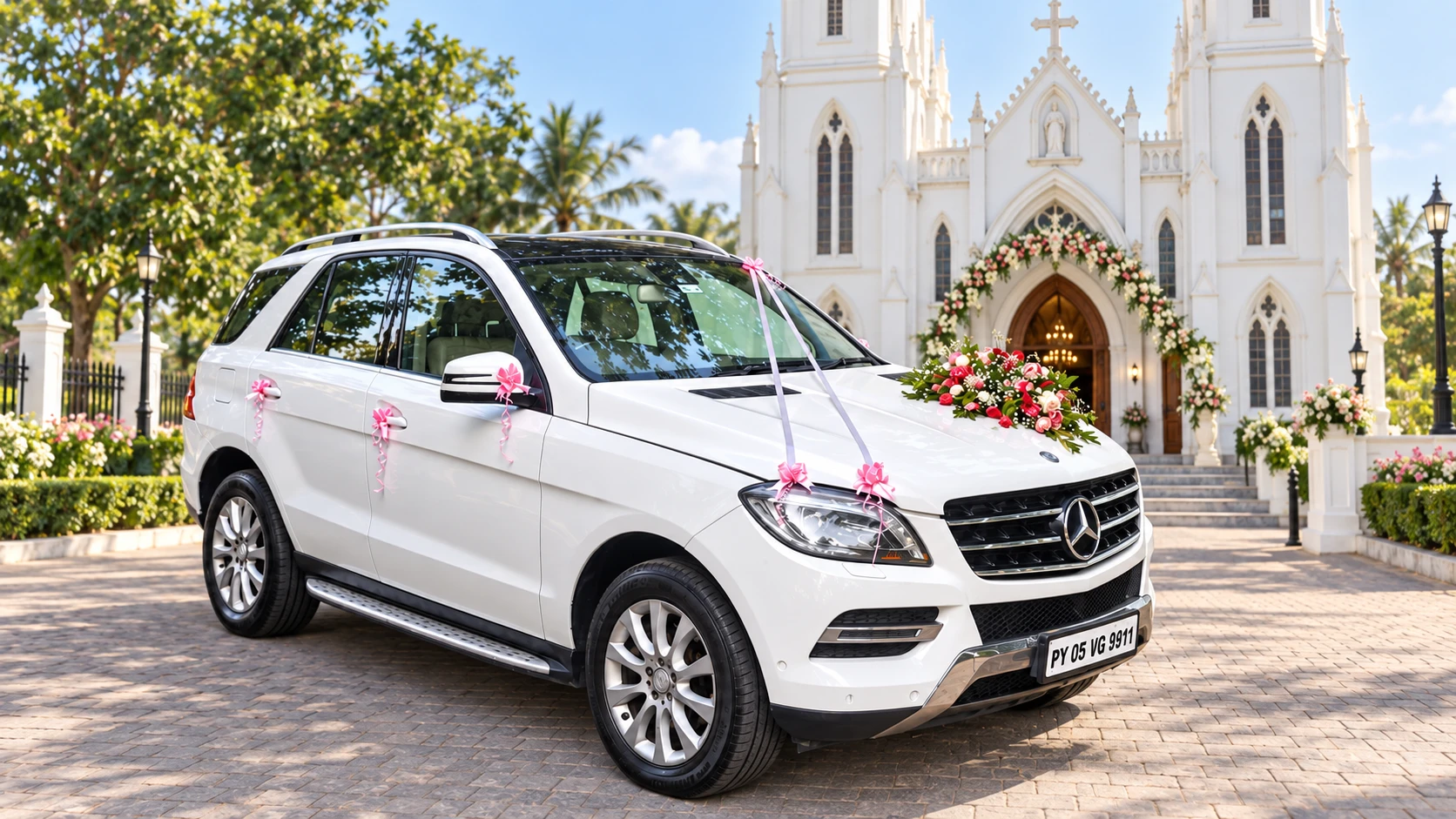 Our white Mercedes-Benz in an enhanced church setting