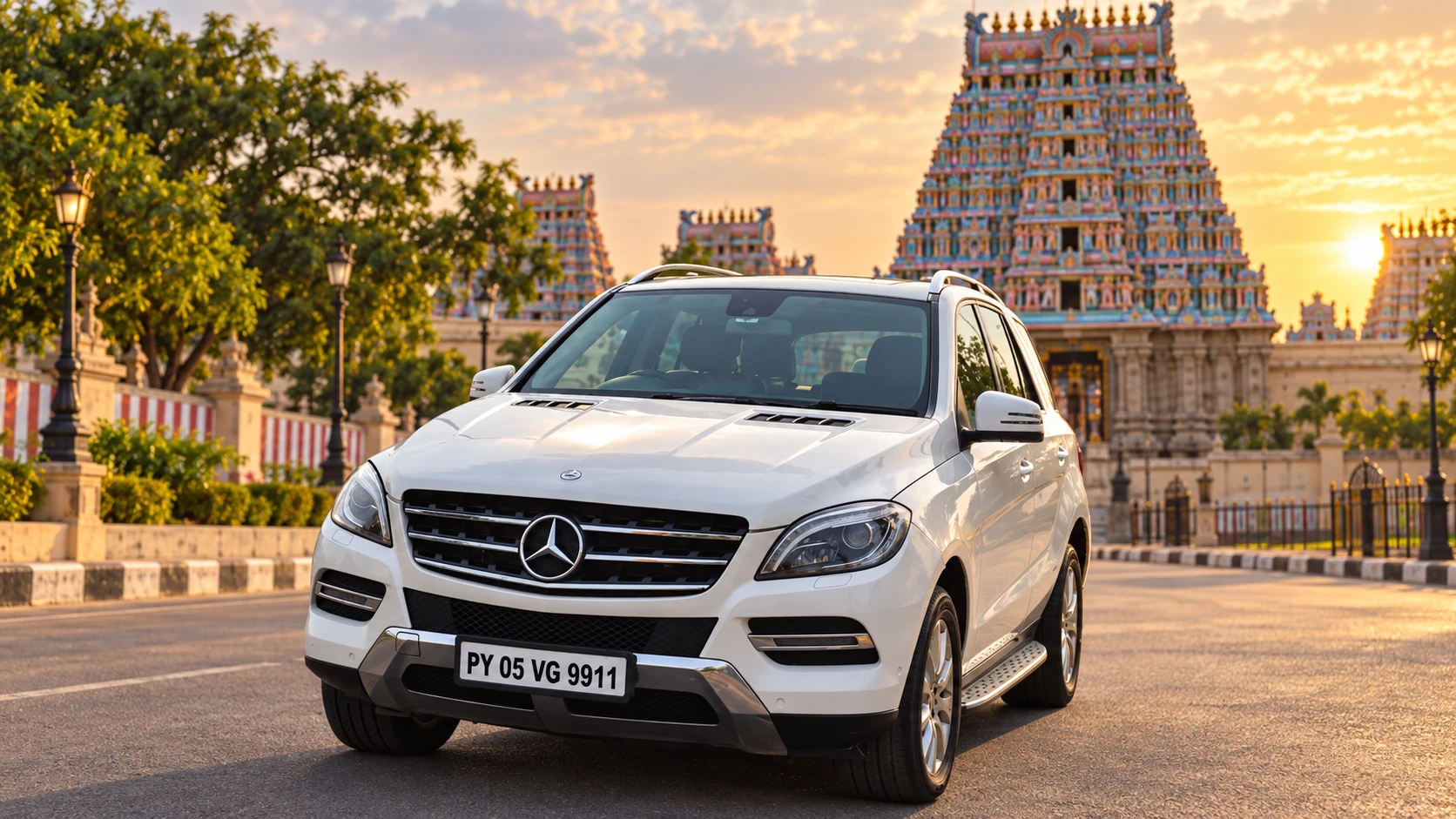 Our white Mercedes-Benz in an enhanced temple setting